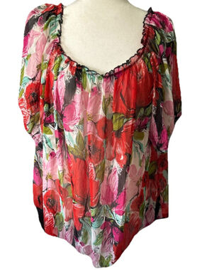 Cato Woman Plus 22/24W Floral Blouse Sheer Boho Peasant Top Bubble Hem Red Pink